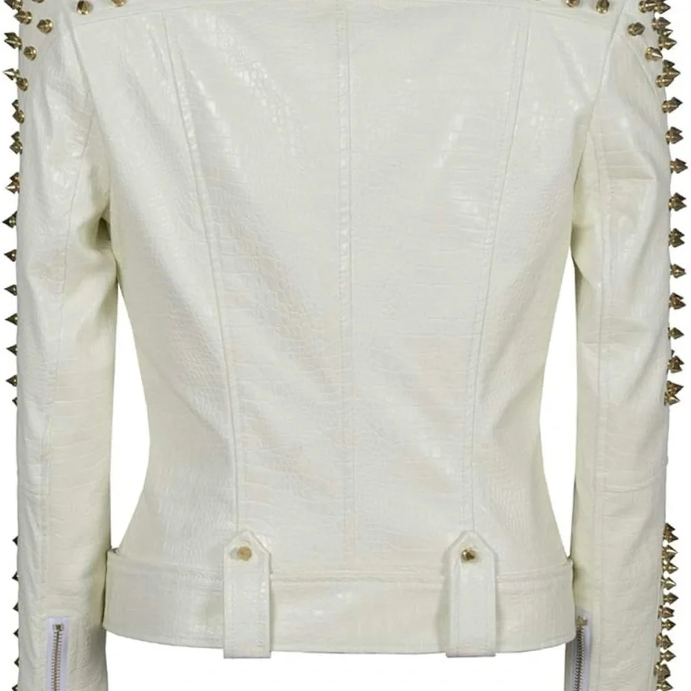 NWT SX Women Faux Leather PU White Jacket Studded Rivet Fashion Jacket Size M - Picture 7 of 12